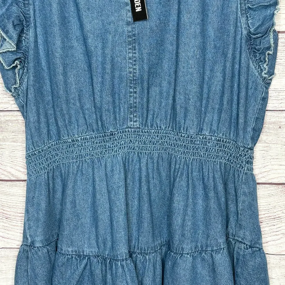 Steve Madden Prairie Dreams Chambray Blue Western Smocked Dress Size Large New - Picture 5 of 14